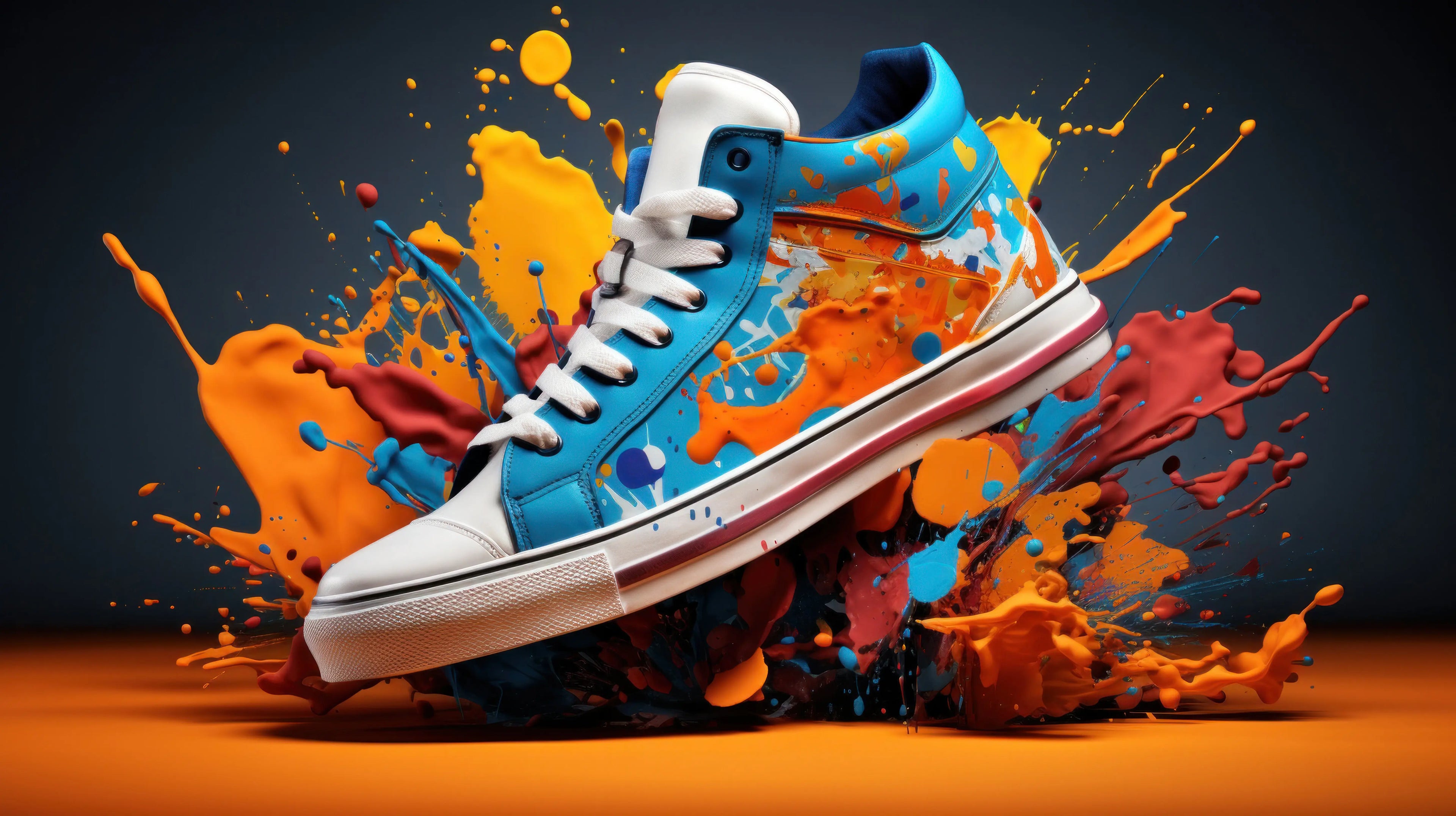 Blue and white sneaker with colorful paint splashes on a dark backgroundslider_item_QYXhgT