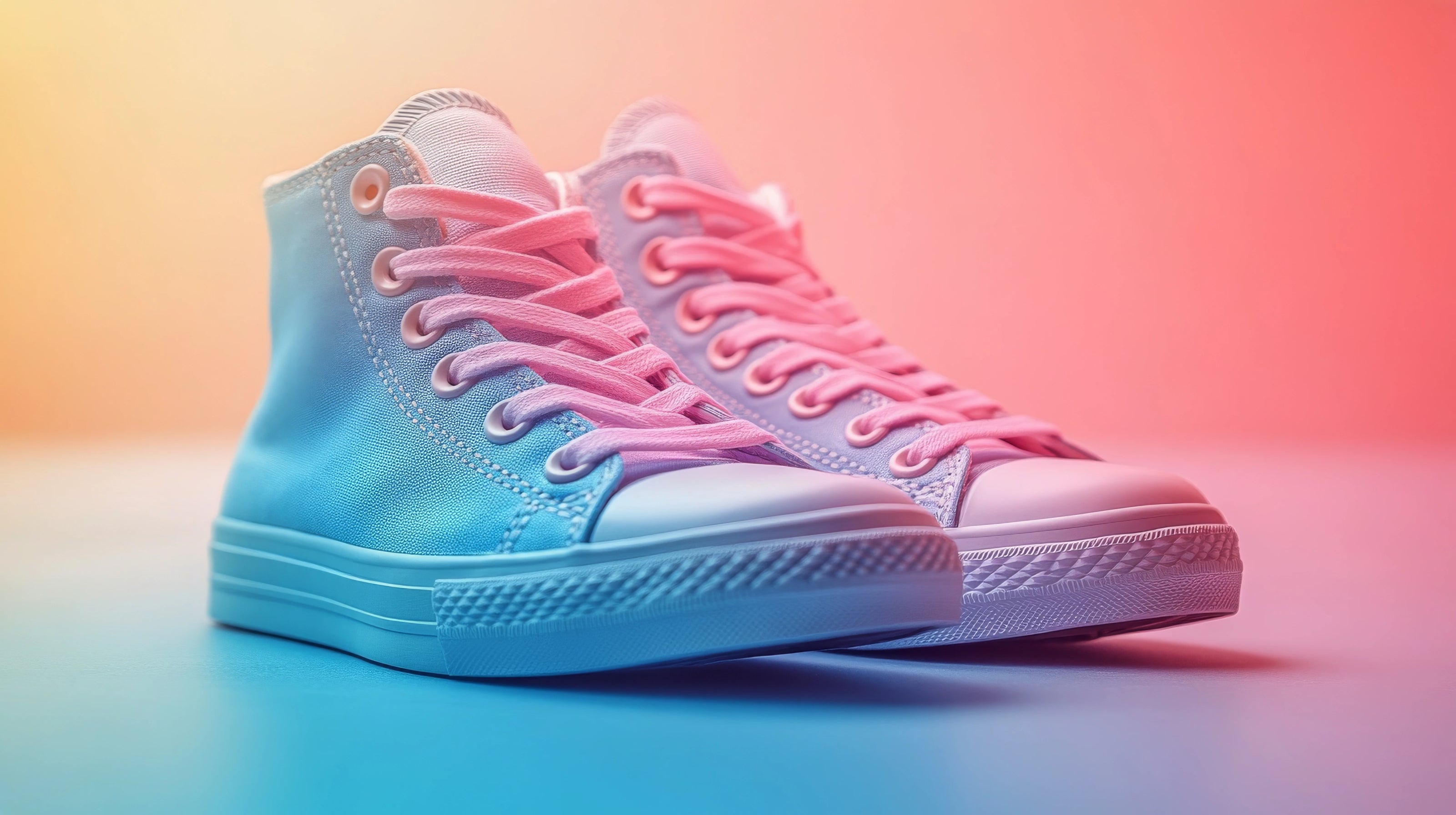 Pair of high-top sneakers with a gradient color scheme on a gradient background