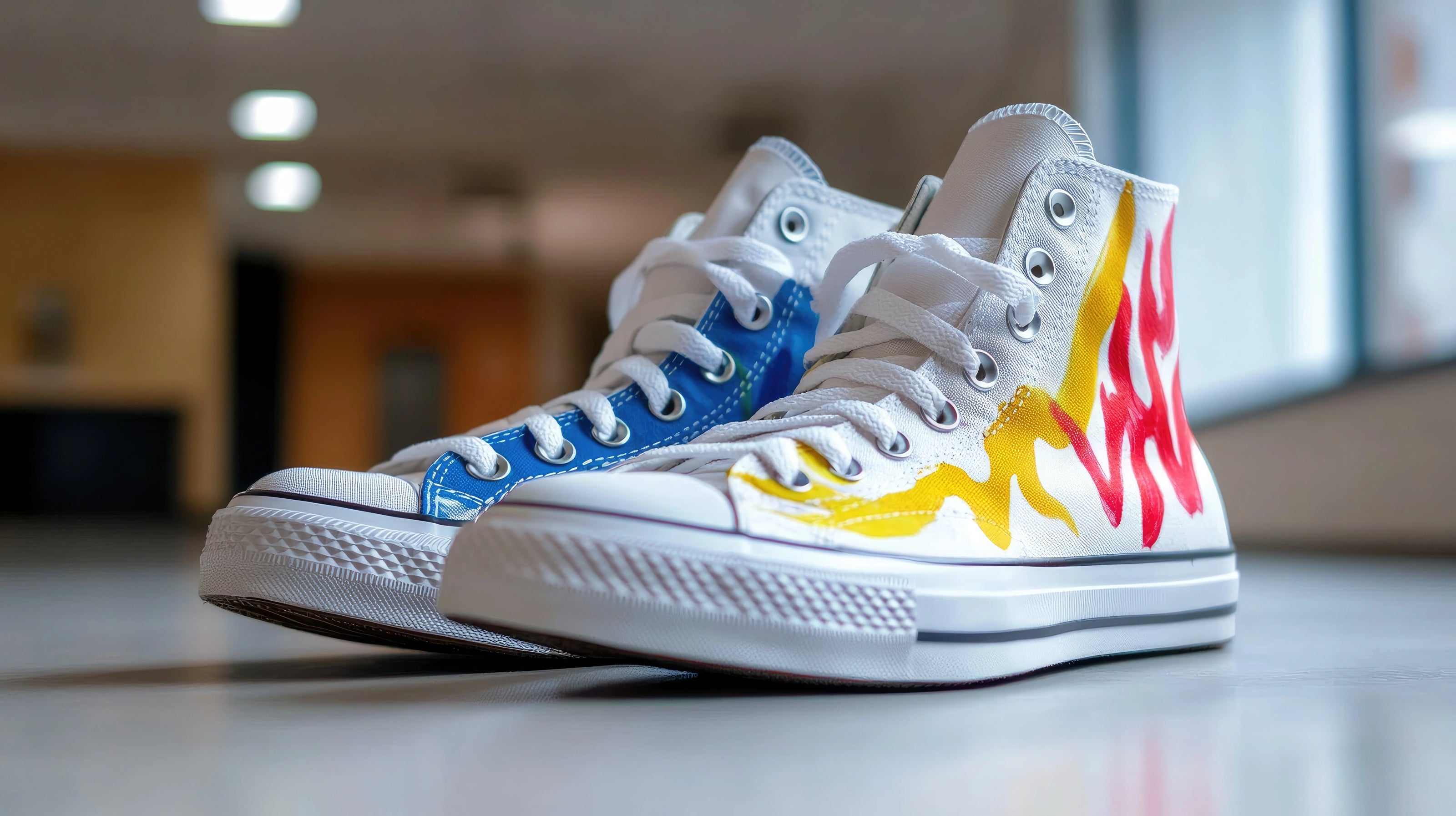 White high-top sneakers with colorful flame design on a blurred indoor background